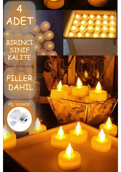 Led Mum 4 Adet Ledli Mum Model Işıklı Tealight Mum Pilli Beyaz