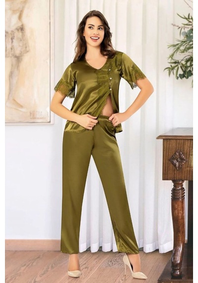 Faal 4110 Kadın Dantel Detaylı Saten Kısa Kollu Pijama Takım-haki Haki