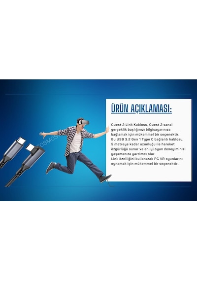 Cosmostech Meta Quest Sanal Gerçeklik Gözlüğü İçin Link Kablosu 1/2/3/pro/pico Uyumlu 3.2 Hızlı Data Kablosu 5m G