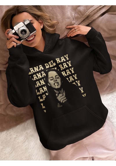 Sevbano Lana Del Ray Baskılı Unisex Oversize Şarkıcı Hoodie Siyah