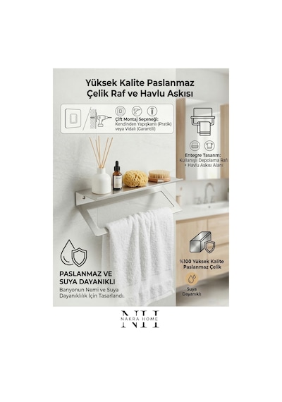 Raflı Havlu Askılığı Paslanmaz Çelik Yapışkanlı Vidalı Banyo Raflı Havluluk Inox