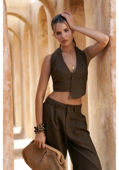 Mai Collection Mai Studios Co. Lvdovila Kahve Keten Crop Yelek Pantolon Takım Kahve