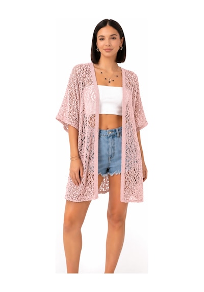 Trend Alisse Kadın Dantel Görünümlü File Kimono Pareo Hırka Toz Pembe