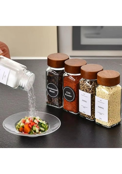 12'li Bambu Ve Akasya Kapaklı Cam Baharatlık Seti 120 Ml - Doğal Ahşap Kapaklı, Şeffaf Cam, Sağlıklı Ve Şık Baharat Kavanozları Akasya Kapak Çok Renkli