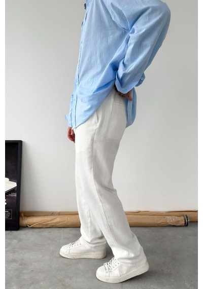 Beyaz Premium Baggy Keten Pantolon Beyaz