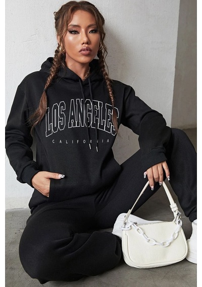 Uyguntarz Unisex Unisex Los Angles Baskılı Eşofman Takımı Siyah