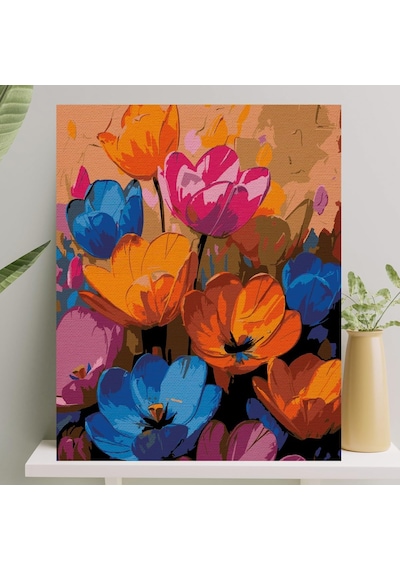 Palmiye Hobi Sanat Sayılarla Boyama Tuval Seti Fırça Boya Dahil Çıtalı 40x50 Cm - Renkli Çiçekler