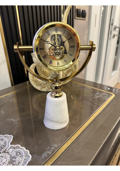 Lüks Gold İskelet Mekanizmalı Mermer Tabanlı Dekoratif Masa Saati Altın