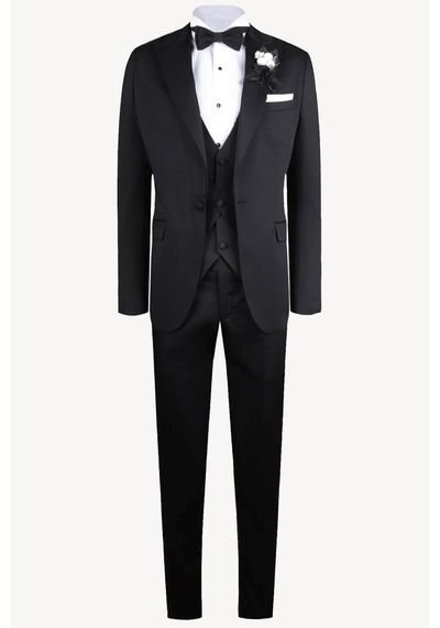 Ysf Erkek Siyah Kırlangıç Yaka Yelekli Slim Fit Desenli Damatlık