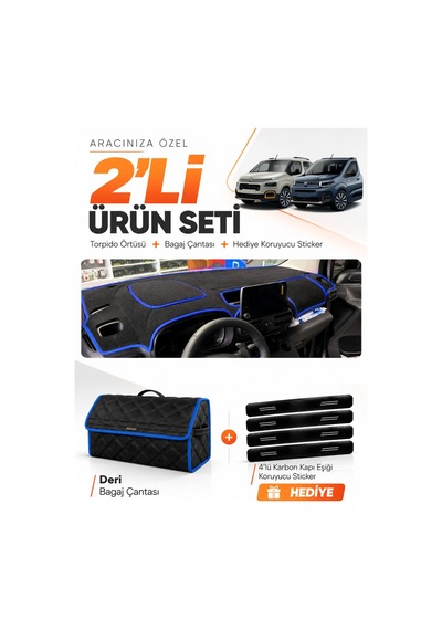 Cıtroen Berlıngo K9 2018-2026 Uyumlu Torpido Örtüsü + Deri Bagaj Çantası + Sticker - Siyah Mavi