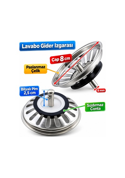 2 Adet Çöpmak 8 Cm Paslanmaz Çelik Mutfak Lavabo Evye Gider Süzgeci Sifon Tıpa Metal Süzgeç