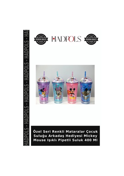 Özel Seri Renkli Mataralar Çocuk Suluğu Arkadaş Hediyesi Mickey Mouse Işıklı Pipetli Suluk 400 Ml Çok Renkli