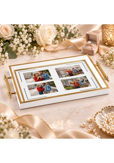 Bk Gift Kişiye Özel Fotoğraflı Beyaz&gold Söz Nişan Tepsisi-1 - 39x23 Cm Çok Renkli