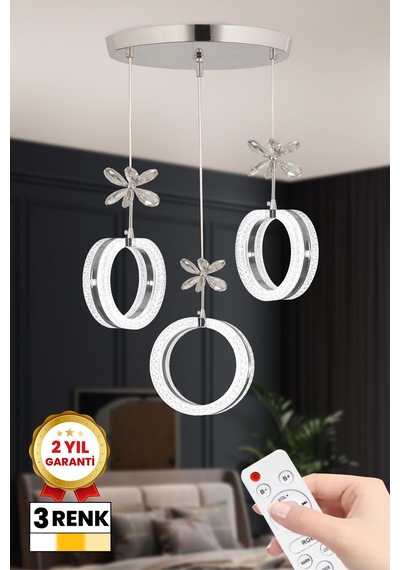 3 Renk Kumandalı 3 Lü Yüzük Led Avize Gümüş Kasa Modern Ledli Avize Gümüş - 850437193 Gümüş - 850437193 Gümüş