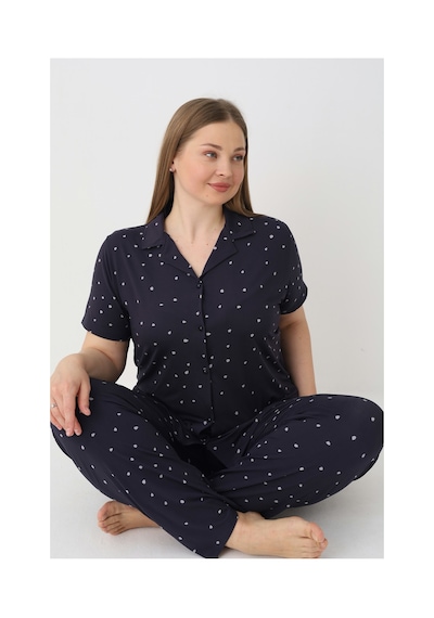 Estiva Kadın Puantiyeli Lacivert Kısa Kollu Önden Düğmeli Soft Battal Pijama Takımı Çok renkli