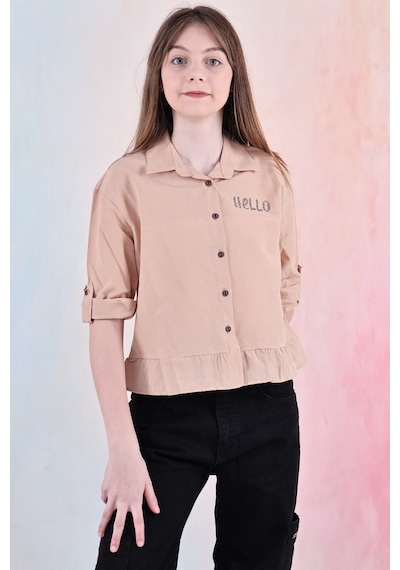 Kız Çocuk Bel Detaylı-taş Baskılı Crop Gömlek 6-15 Yaş 12254 Açık Kahve