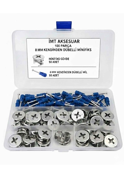 İmt Aksesuar 8 Mm Kendinden Dübelli Minifix Gövde Ve Mil Seti - Mobilya Bağlantı Elemanı 100 Parça Metalik