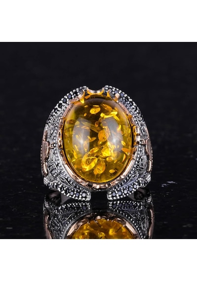 925 Ayar Gümüş Erkek Yüzük, Yapay Bal Amber Taşı Yüzük Gümüş