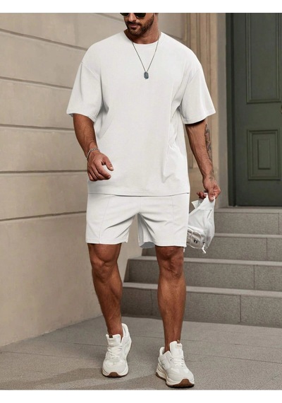 Tarzsokak Manfinity Homme Loose Fit Erkek Düz Renk Düşük Omuzlu Tişört Ve Şort Beyaz