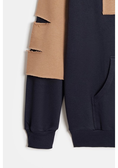 Shooter Sportwear Shooter Erkek Oversize Kapüşonlu Baskılı Kanguru Cepli Sweatshirt Lacivert - Bej