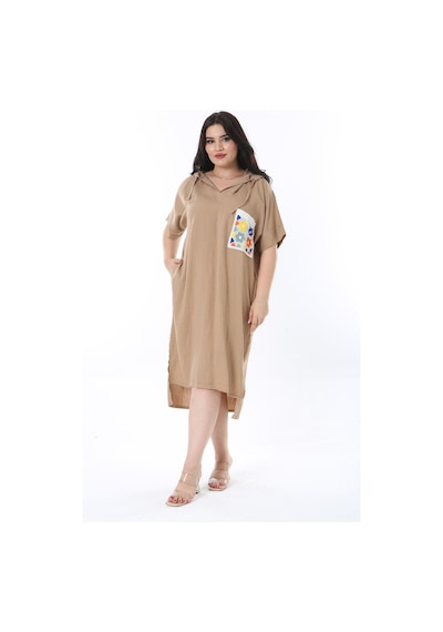 Şans Kadın Büyük Beden Camel Kapşonlu Örgü Cep Detaylı Düşük Kollu Elbise 65n36012-camel Camel