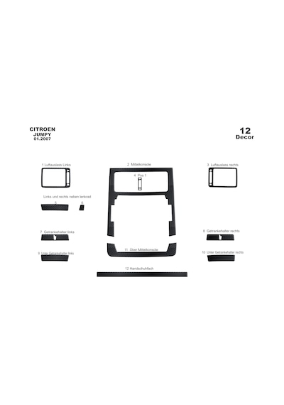 Fiat Scudo Expert Jumpy Torpido Kaplama 2007 12 Parça Siyah Karbon