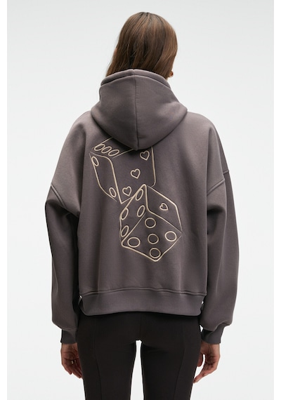 Grimelange JASSES Kadın Oversize Nakışlı Kapüşonlu Antrasit Sweatshirt