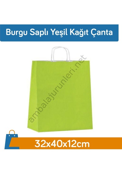 Burgu Saplı Yeşil Kağıt Çanta 32 x 40 x 12 CM 50 Adet