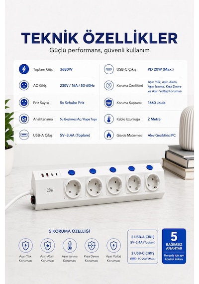 5'li Akım Korumalı Çoklu Priz 2 Metre Kablolu 3680w 16a 5 Anahtarlı 2usb-a 2 Usb-c Pd 20w Hızlı Ftr- 2 M