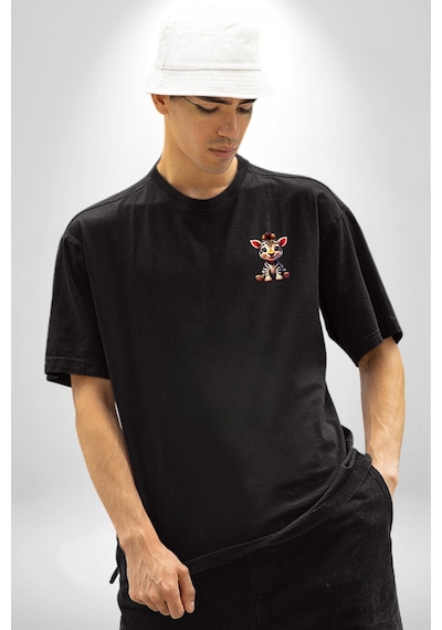 Sevimli Yavru Zebra Siyah Oversize Unisex Ön Sol Yan Minimal Baskılı Tişört Koyu Siyah