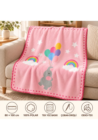 Uçan Fil Ve Gökkuşağı Serisi Çoban Dikişli %100 Polar Bebek Battaniyesi 80x100 CM Oeko-tex Açık Pembe