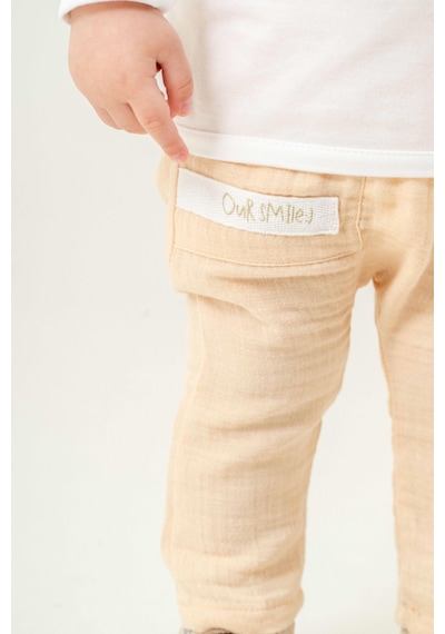 Caramell 3'lü Bebek Takımı Müslin Gömlek Pantalon Tişört Zürafa Desenli -1116 Ekru