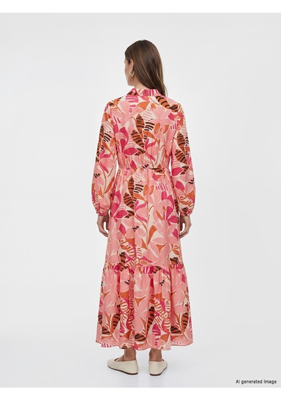 Lcw Modest Pembe Gömlek Yaka Desenli Belden Oturtma Elbise