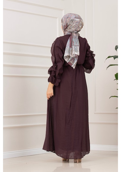 Sevitli Kolları Fırfır Detaylı Simay Elbise-mürdüm-5792