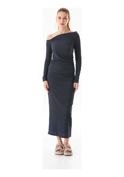 Fullamoda Bürümcük Kumaş Drapeli Kayık Yaka Bluz 25ygb650128140-indigo Indigo