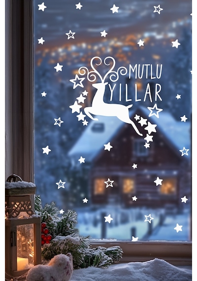 Mutlu Yıllar Geyik Cam & Duvar Sticker Seti 78 Parça Yılbaşı Vitrin Ve Ev Dekoru Dijital Baskı