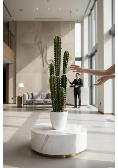 Yapay Kaktüs Ağacı Sütun Kaktüsü Cereus Peruvianus - Beyaz Saksıda Yapay Bitki 70 20cm Yeşil