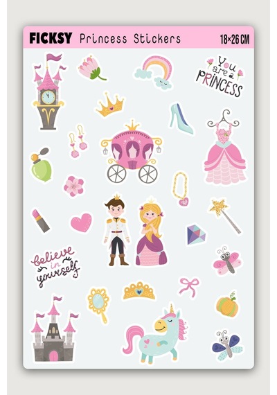 Sevimli Unicorn Prenses Sticker Seti - 26 Adet Etiket Çıkartma Diğer