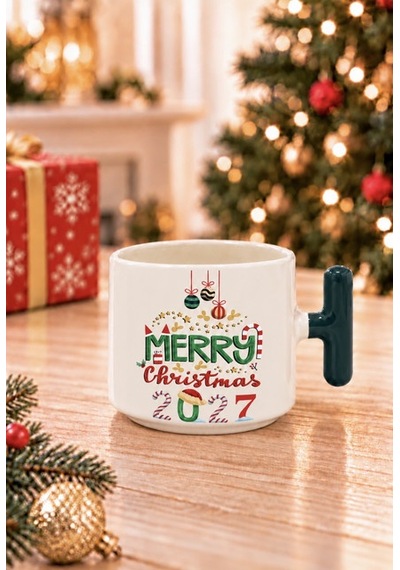 Mesela Yılbaşı Kupası Merry Christmas 2027 Desenli Yeşil Kulplu Hediyelik Kahve T Kupa Bardak Beyaz