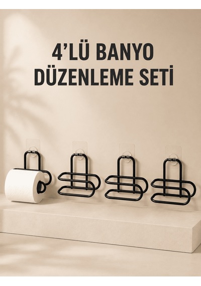 Lexroo 4 Adet Yapışkanlı Tuvalet Kağıdı Askısı Siyah Metal Delmed