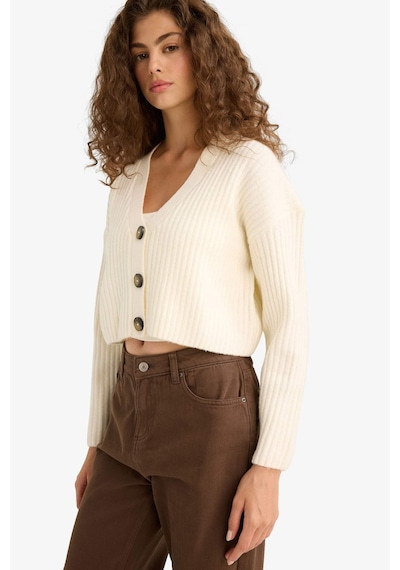 Defacto Regular Fit V Yaka Düğmeli Triko Hırka R1389az25wner105 Ekru