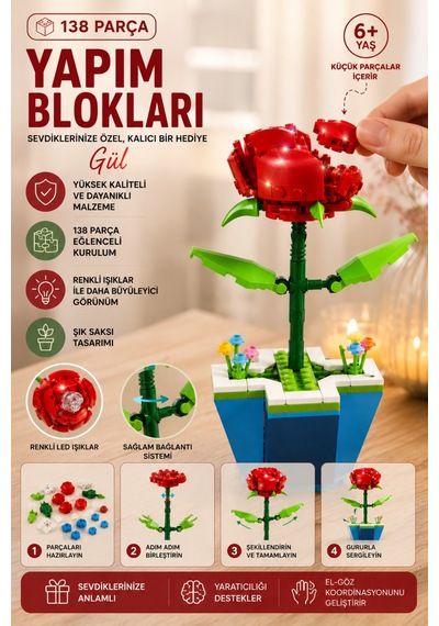Gül Yapım Blokları 138 Parça Led Işıklı Dekoratif Yapboz Çiçek Seti 6+ Yaş