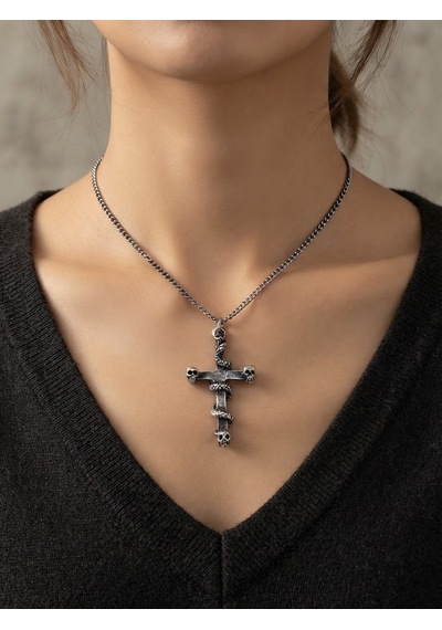 Unisex Haç Kolye Kırmızı Taş Detaylı Gümüş Renk Zincir Kolye Gotik Tarz Unisex Takı Hc97 Gri