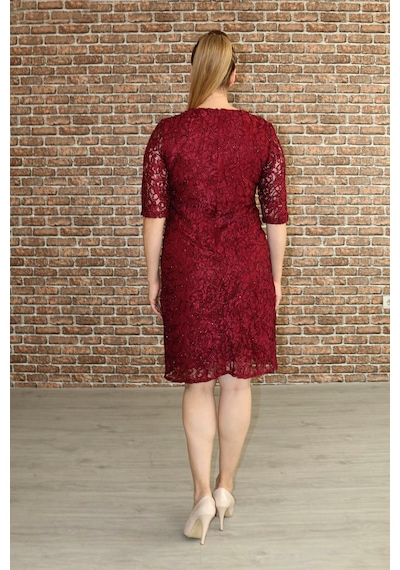 Nidya Moda Büyük Beden Kadın Bordo Dantel Elbise-4161BO Bordo
