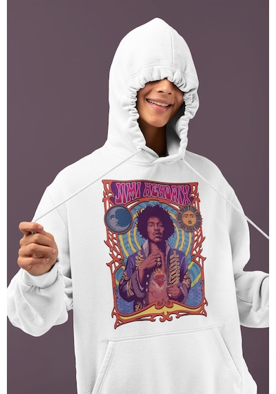 Sevbano Jimi Hendrix Baskılı Unisex Oversize Şarkıcı Hoodie beyaz