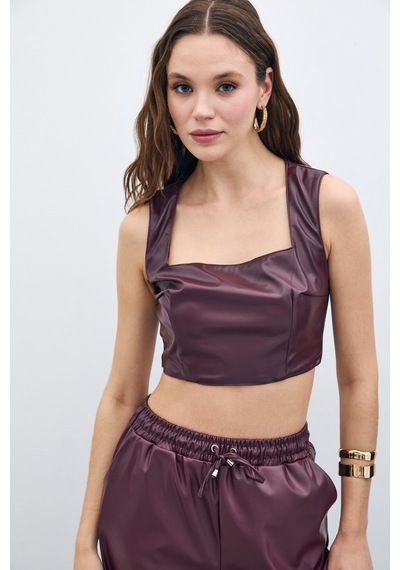 Sateen Kare Yaka Deri Crop - Bordo-135670 Bordo