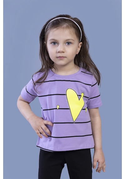 Toontoy Kids Toontoy Kız Çocuk Çizgli Kalp Baskılı Taş İşlemeli Tişört Lila