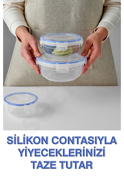 Lock&fresh Contalı Yuvarlak Saklama Kabı 400, 800, 1350ml Üçlü Set Mavi