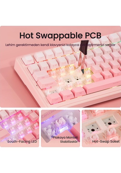 Aula F99 Mekanik Rgb Dream Sakura Switch 3 Modlu Kablosuz Makrolu Hot Swap Klavye Gradyan Pembe