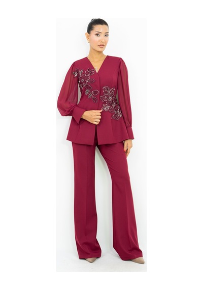 Dorne Moda Kadın İşlemeli Bluz Pantolon Takım Şifon Kol Detaylı Şık İkili Takım Bordo Dorne Moda Kadın İşlemeli Bluz Pantolon Takım Şifon Kol Detaylı Şık İkili Takım Bordo